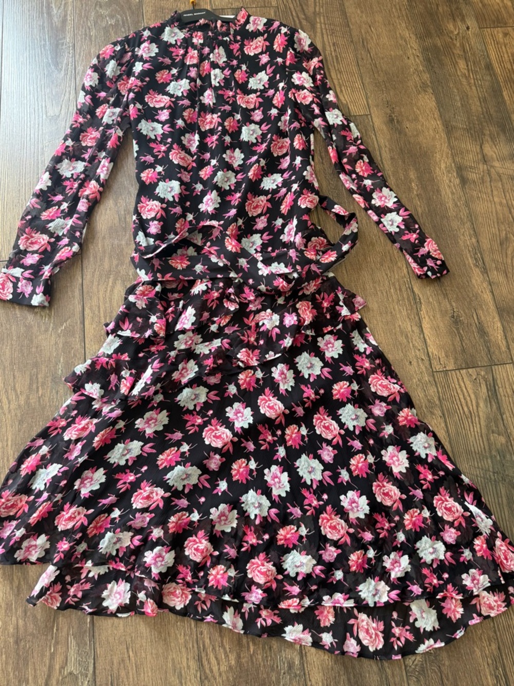 New with label Jason Wu pink and black floral midi dress with belt size 10